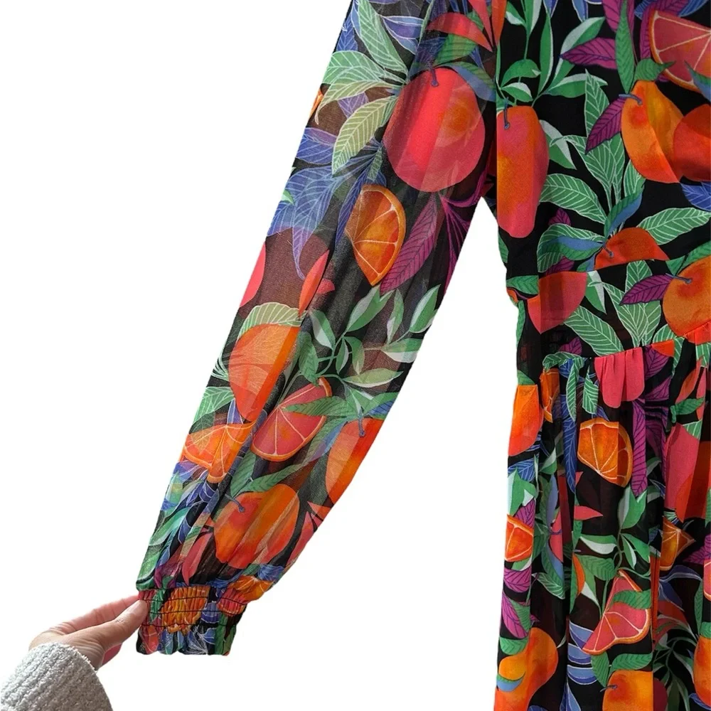 Nina Parker fruit print maxi dress 1X citrus orange high slits resort vacation - Picture 8 of 11